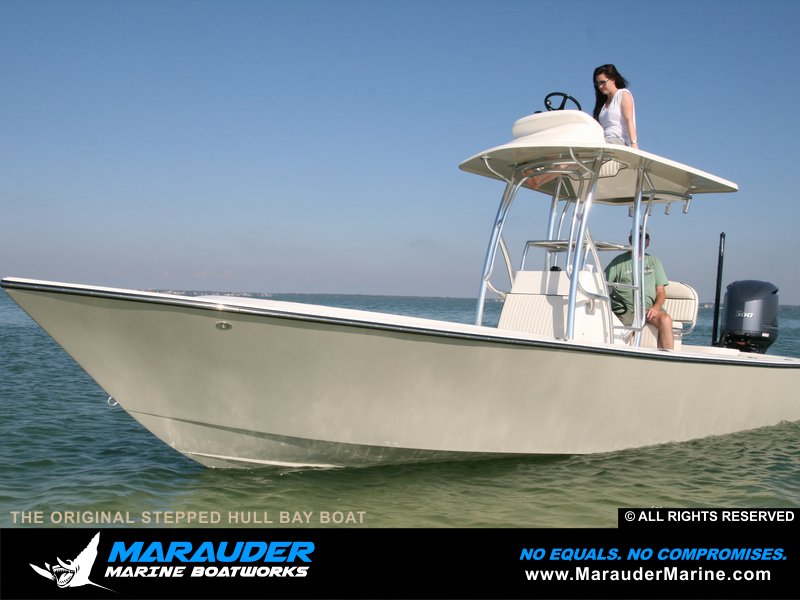 Photo of our largest custom fishing boat with integrated stepped hull in Stepped Hull Bay Boats photo gallery from Marauder Marine Boat Works