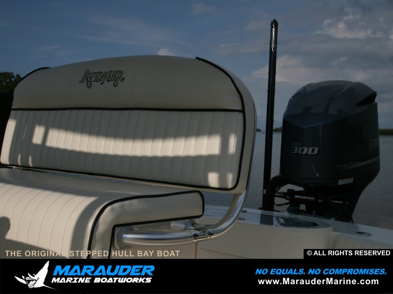Custom tailored seat option shown with stepped hull fishing boat in Stepped Hull Bay Boats photo gallery from Marauder Marine Boat Works