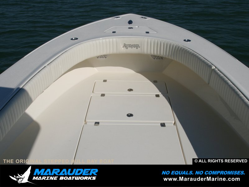 Example of integrated deck storage on custom boat in Stepped Hull Bay Boats photo gallery from Marauder Marine Boat Works