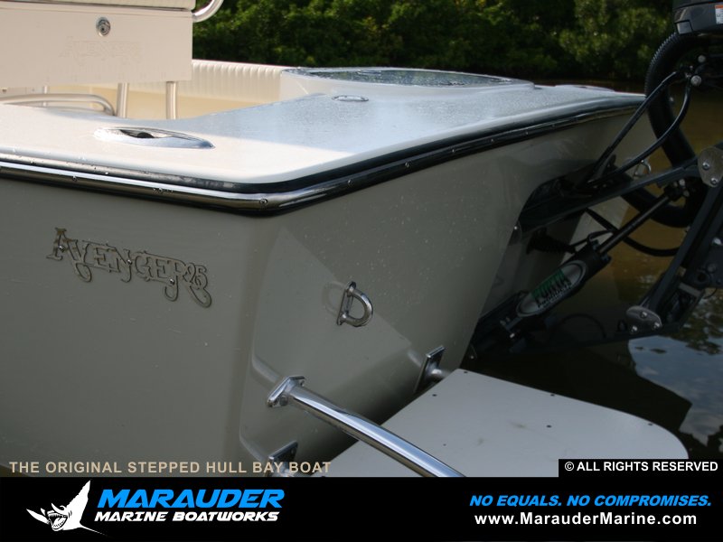 Close up photo of our unique stepped hull and custom aft options in Stepped Hull Bay Boats photo gallery from Marauder Marine Boat Works