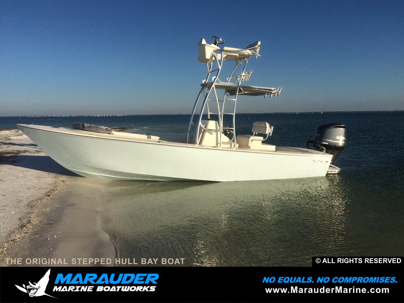 Bow front photo of stepped hull bay boat in Stepped Hull Bay Boats photo gallery from Marauder Marine Boat Works