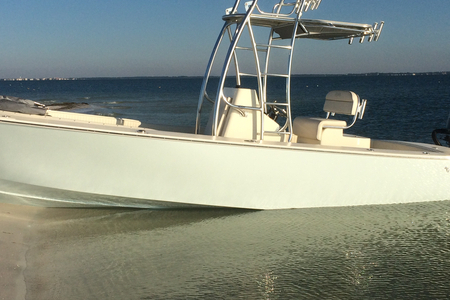 Bow front photo of stepped hull bay boat