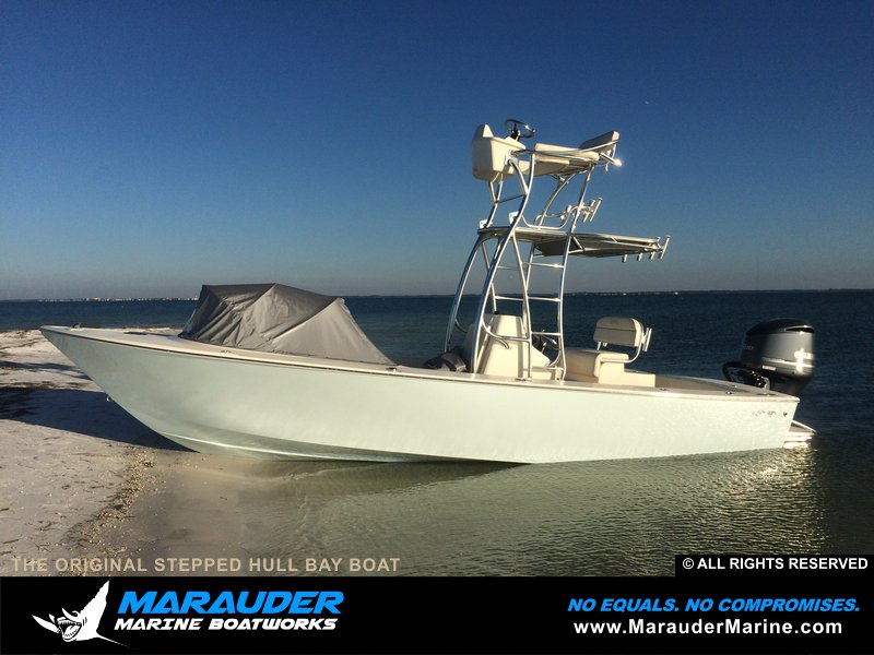 Another view of tent on boat to provide cover in Stepped Hull Bay Boats photo gallery from Marauder Marine Boat Works